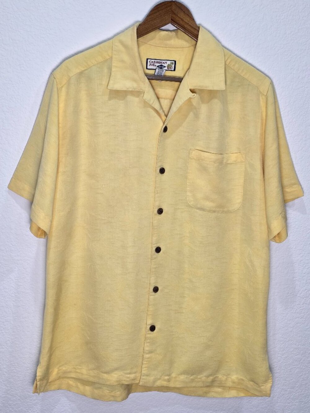 Caribbean Joe Yellow Tropical Palm Tree Jacquard Camp Shirt M FLAWS